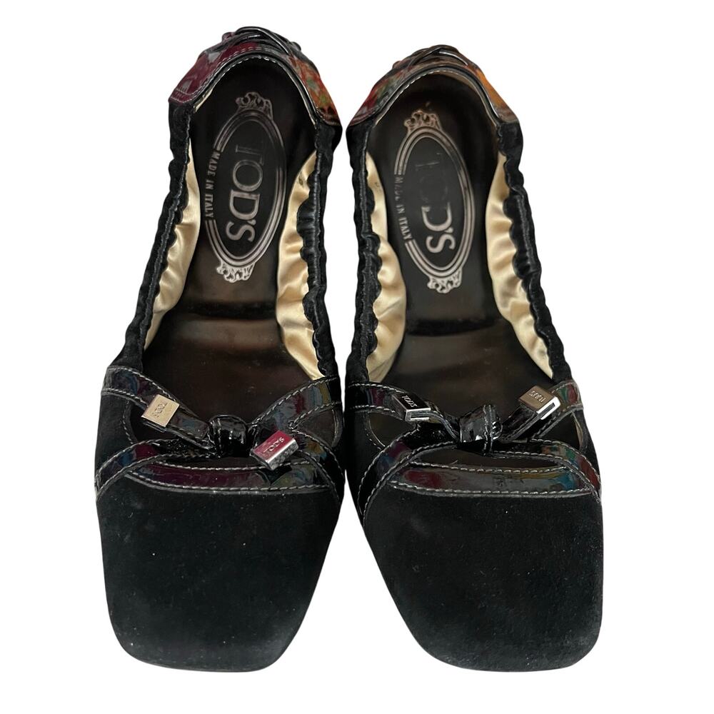 Tod's Black Patent Leather Degas  Tassel Ballet Driving Flats Size 38 Square Toe